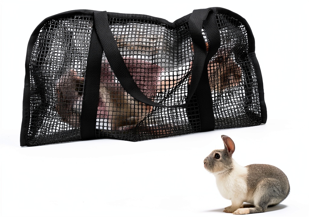 Rabbit comfortably placed in a breathable nail trimmer mesh pouch